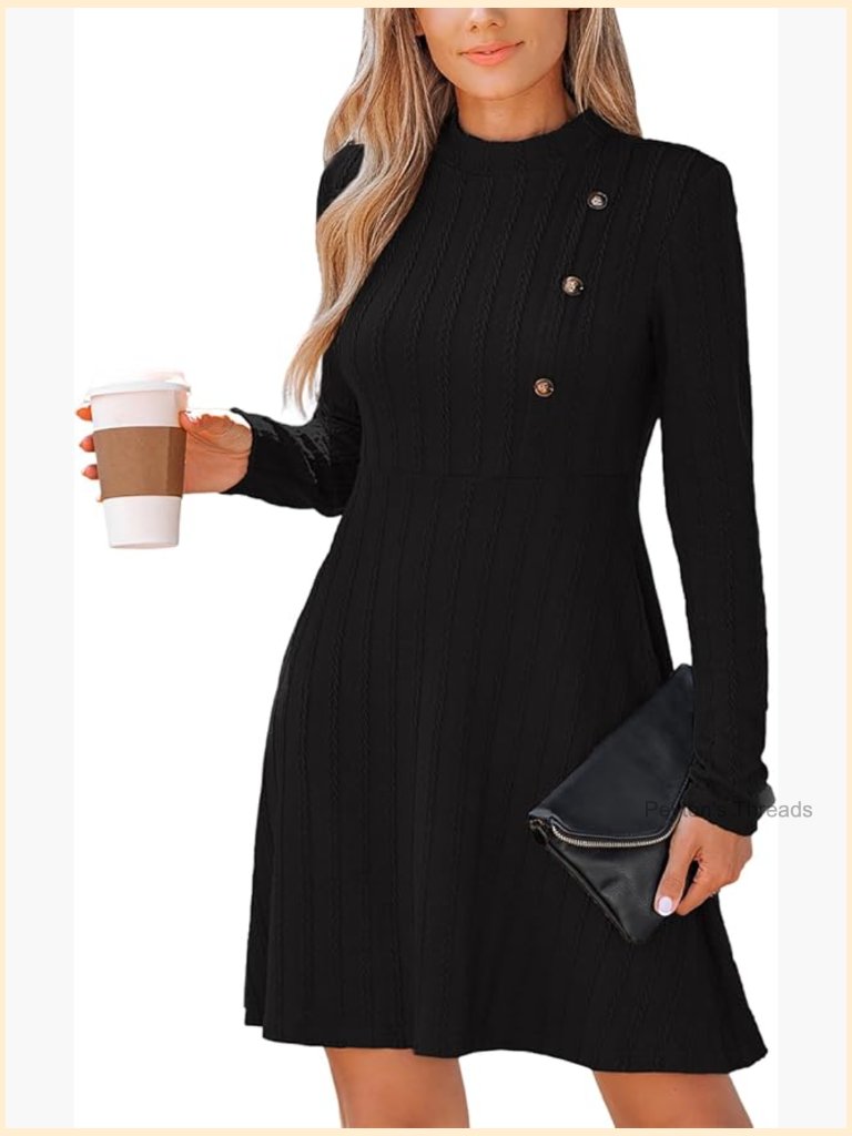 Textured Knit Long Sleeve Mini Dress A-Line Button Casual Fall Dress